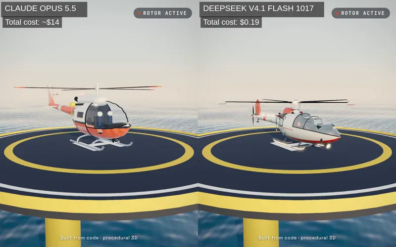 3D rescue helicopter built from code: Claude Opus 5.5 vs DeepSeek V4.1 Flash 1017
