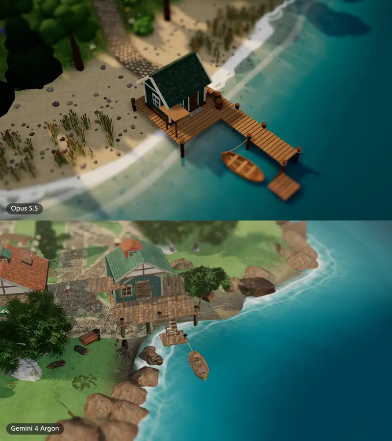 Island village in Blender and Three.js: Claude Opus 5.5 vs Gemini 4 Argon