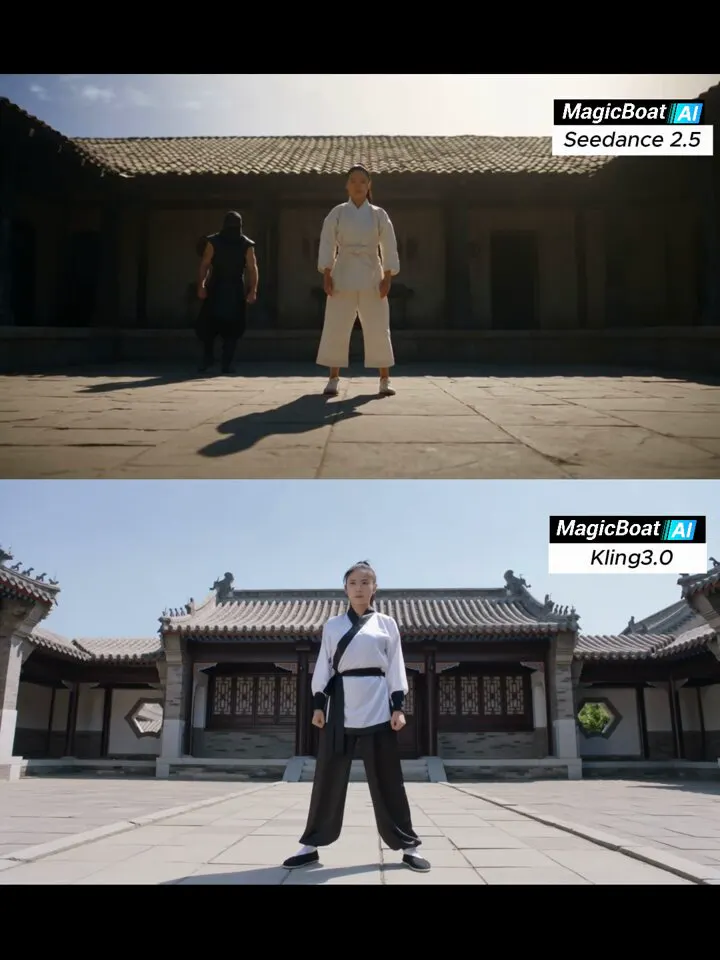 Kung fu stance in a courtyard: Seedance 2.5 vs Kling 3.0