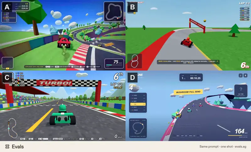 Mario Kart clone, four models, one shot: DeepSeek V4.1 Flash 1017 vs Kimi K3 vs Claude Opus 5.5 vs GPT-6.1 Sol