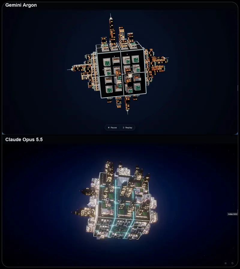 City that folds into a cube: Gemini 4 Argon vs Claude Opus 5.5