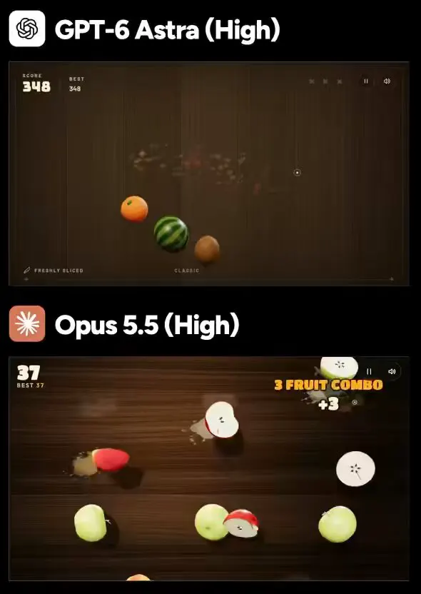 Fruit Ninja clone with juice splashes: GPT-6 Astra vs Claude Opus 5.5