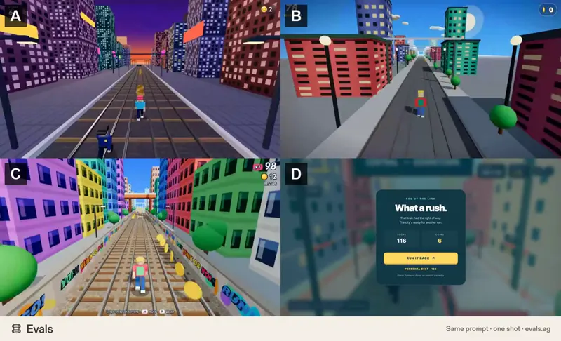 Subway Surfers clone, four models, one shot: DeepSeek V4.1 Flash 1017 vs Kimi K3 vs Claude Opus 5.5 vs GPT-6.1 Sol