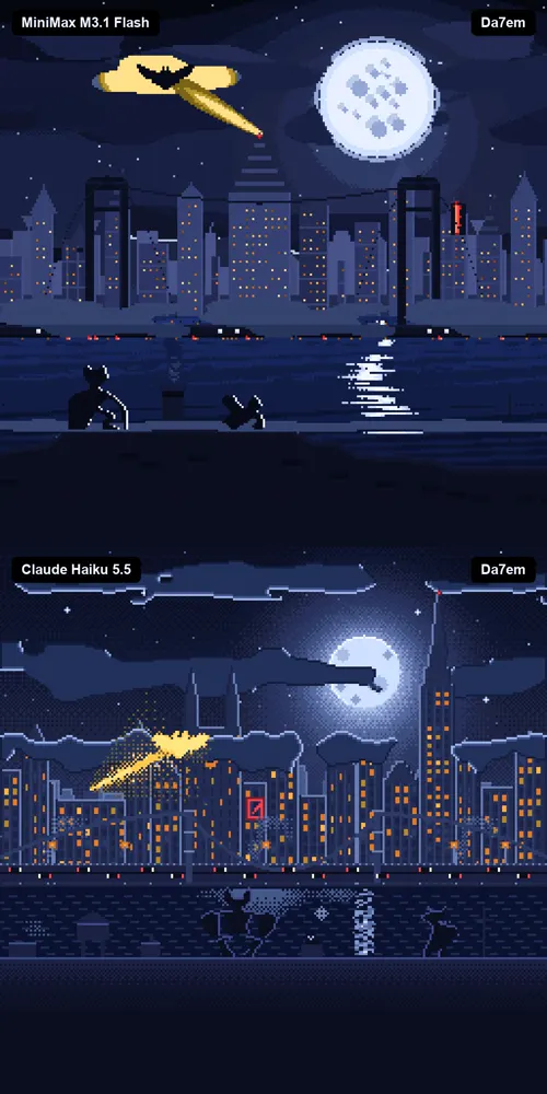 Pixel-art night city with a full moon: MiniMax M3.1 Flash vs Claude Haiku 5.5