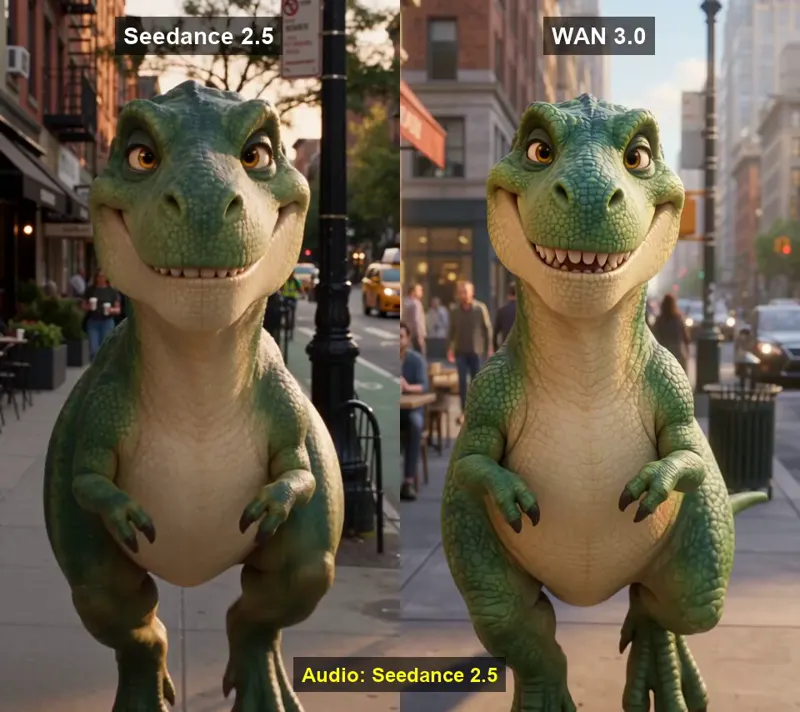 Dinosaur in a city street, price check: Seedance 2.5 vs Wan 3.0
