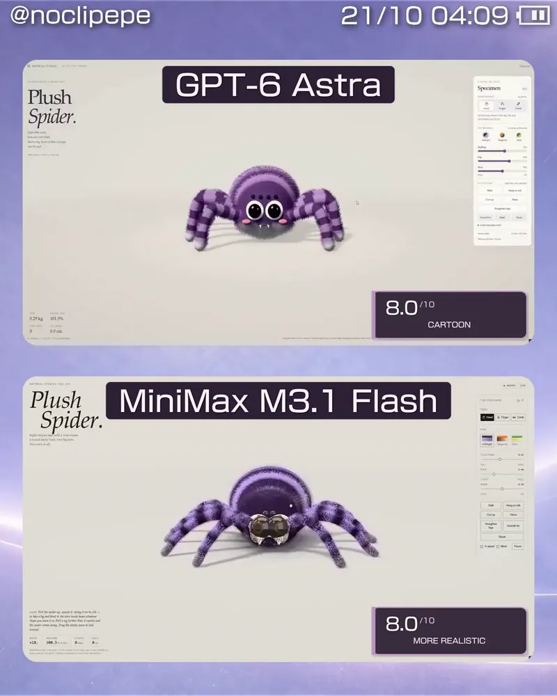 3D plush spider, realism vs charm: GPT-6 Astra vs MiniMax M3.1 Flash
