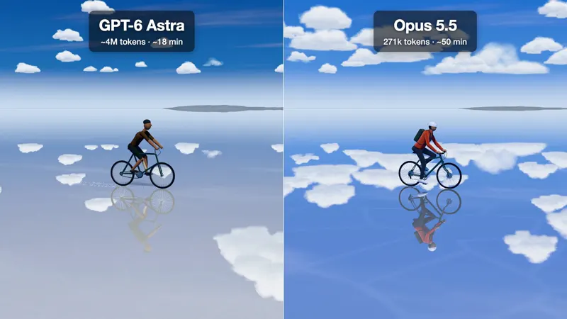 Procedural Three.js cyclist on a mirror sky, Astra vs Opus: GPT-6 Astra vs Claude Opus 5.5