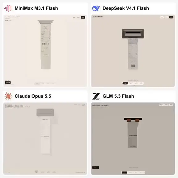 Paper receipt and fabric under pressure, four models: MiniMax M3.1 Flash vs DeepSeek V4.1 Flash 1017 vs Claude Opus 5.5 vs GLM 5.3 Flash
