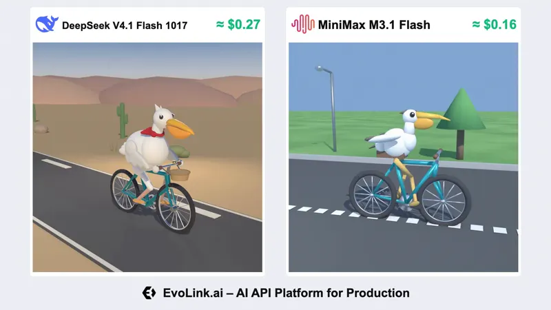 Cycling pelican in Blender, two Flash models: DeepSeek V4.1 Flash 1017 vs MiniMax M3.1 Flash