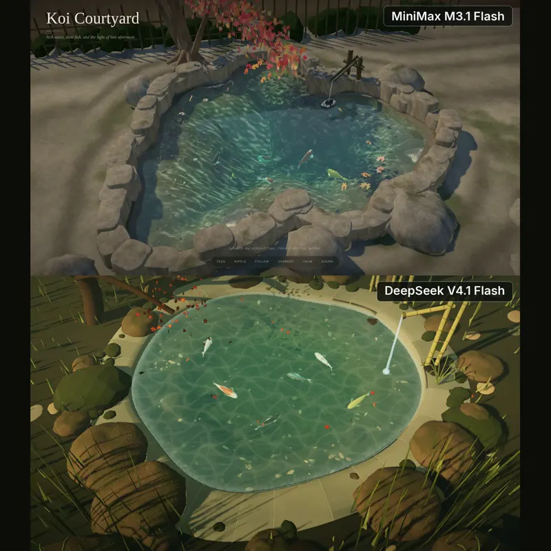 Koi Courtyard pond, MiniMax vs DeepSeek: MiniMax M3.1 Flash vs DeepSeek V4.1 Flash 1017