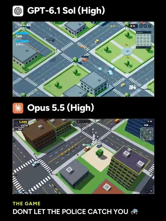 Police chase game, Sol vs Opus: GPT-6.1 Sol vs Claude Opus 5.5