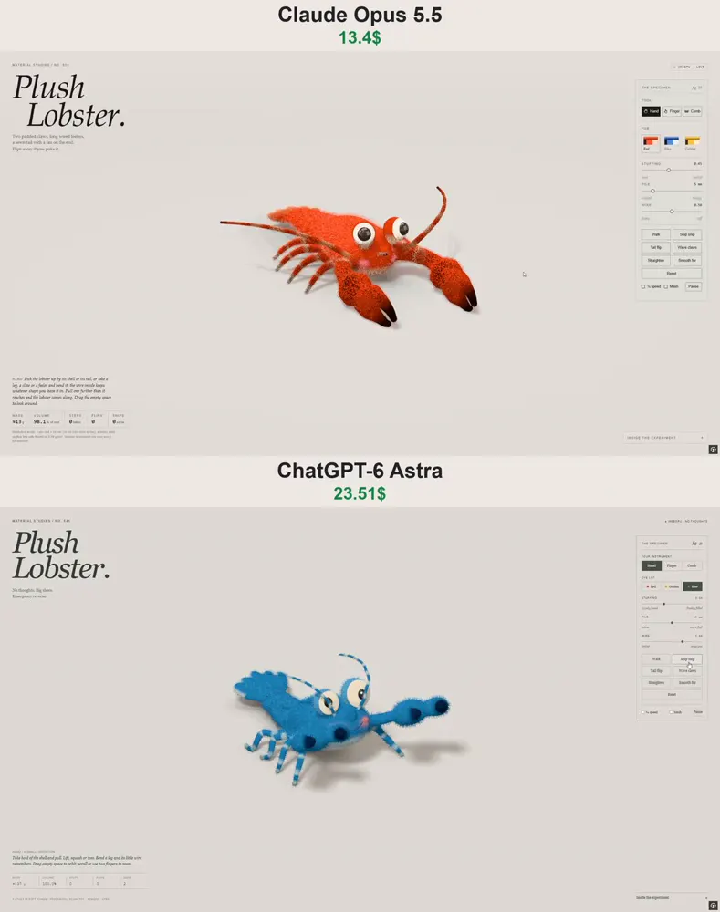 Plush lobster with bouncy fur, Opus vs Astra: Claude Opus 5.5 vs GPT-6 Astra
