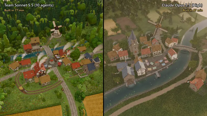 Cozy sunset village in Blender, Opus vs 10 Sonnet agents: Claude Sonnet 5.5 vs Claude Opus 5.5