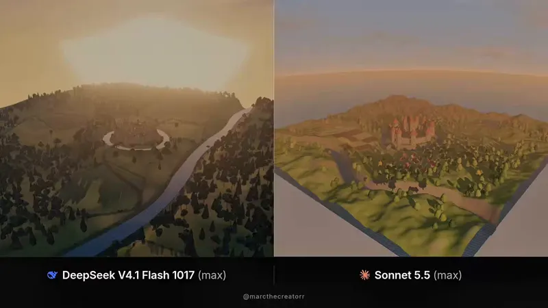 3D medieval castle in one HTML file, 1017 vs Sonnet: DeepSeek V4.1 Flash 1017 vs Claude Sonnet 5.5