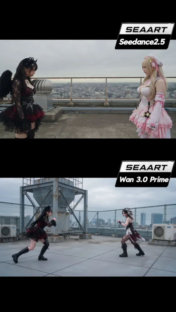 Fight that switches between live action and anime: Seedance 2.5 vs Wan 3.0 Prime