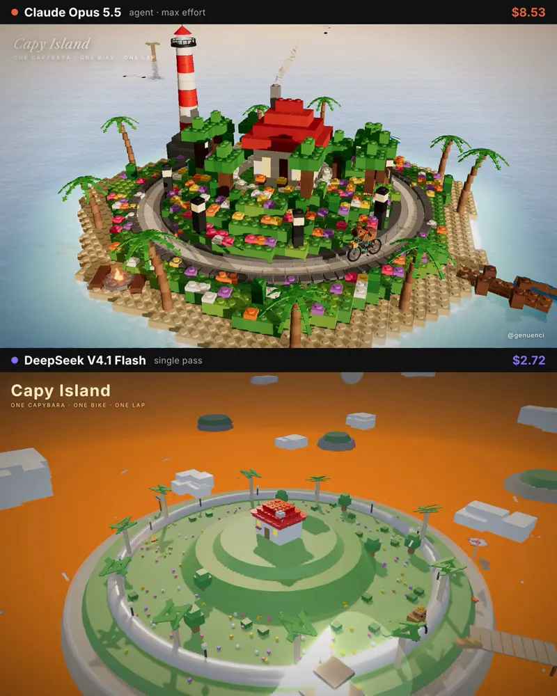 LEGO capybara cycling around a brick island: Claude Opus 5.5 vs DeepSeek V4.1 Flash 1017