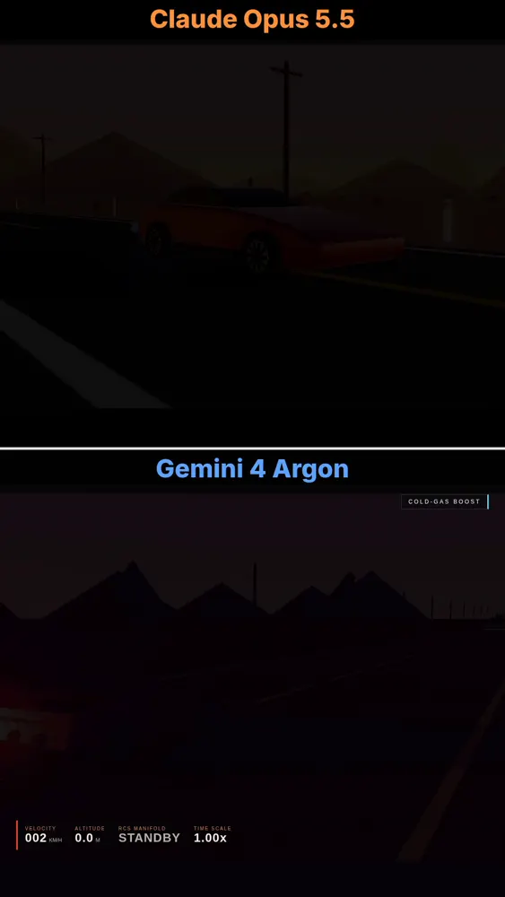 Rocket car jumps a row of cars on landing jets: Claude Opus 5.5 vs Gemini 4 Argon