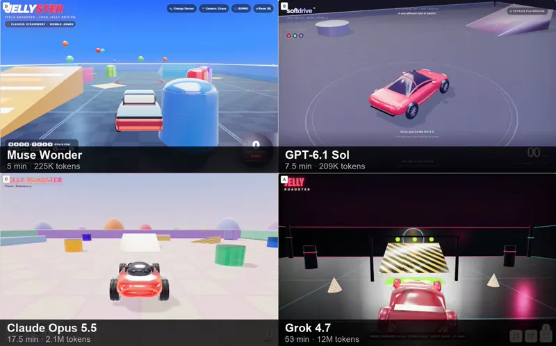 Jelly Roadster on four agents, same sandbox: Muse Wonder 1.0 vs GPT-6.1 Sol vs Claude Opus 5.5 vs Grok 4.7