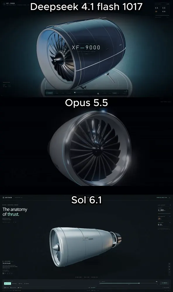Interactive 3D jet engine cutaway, three models: DeepSeek V4.1 Flash 1017 vs Claude Opus 5.5 vs GPT-6.1 Sol