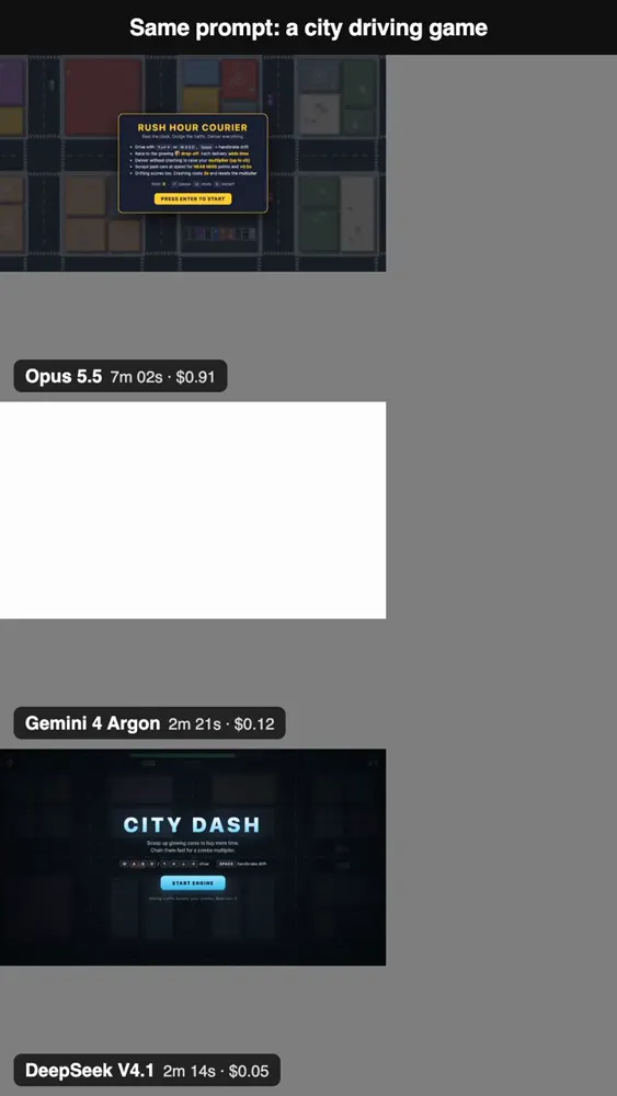 Top-down driving game, three models make it a job: Claude Opus 5.5 vs Gemini 4 Argon vs DeepSeek V4.1