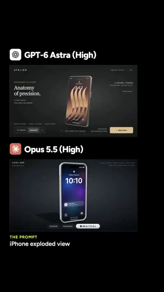 Exploded-view phone animation from a 3-word prompt: GPT-6 Astra vs Claude Opus 5.5