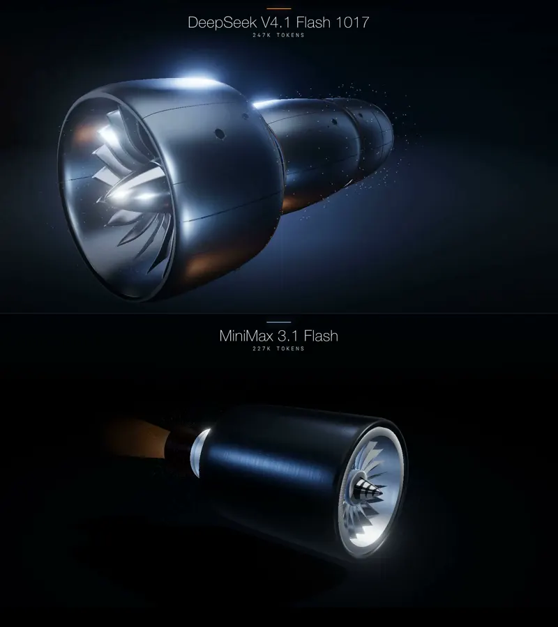 Procedural turbofan that explodes and reassembles: DeepSeek V4.1 Flash 1017 vs MiniMax M3.1 Flash