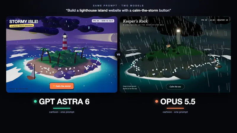 Lighthouse island website with a calm-the-storm button: GPT-6 Astra vs Claude Opus 5.5