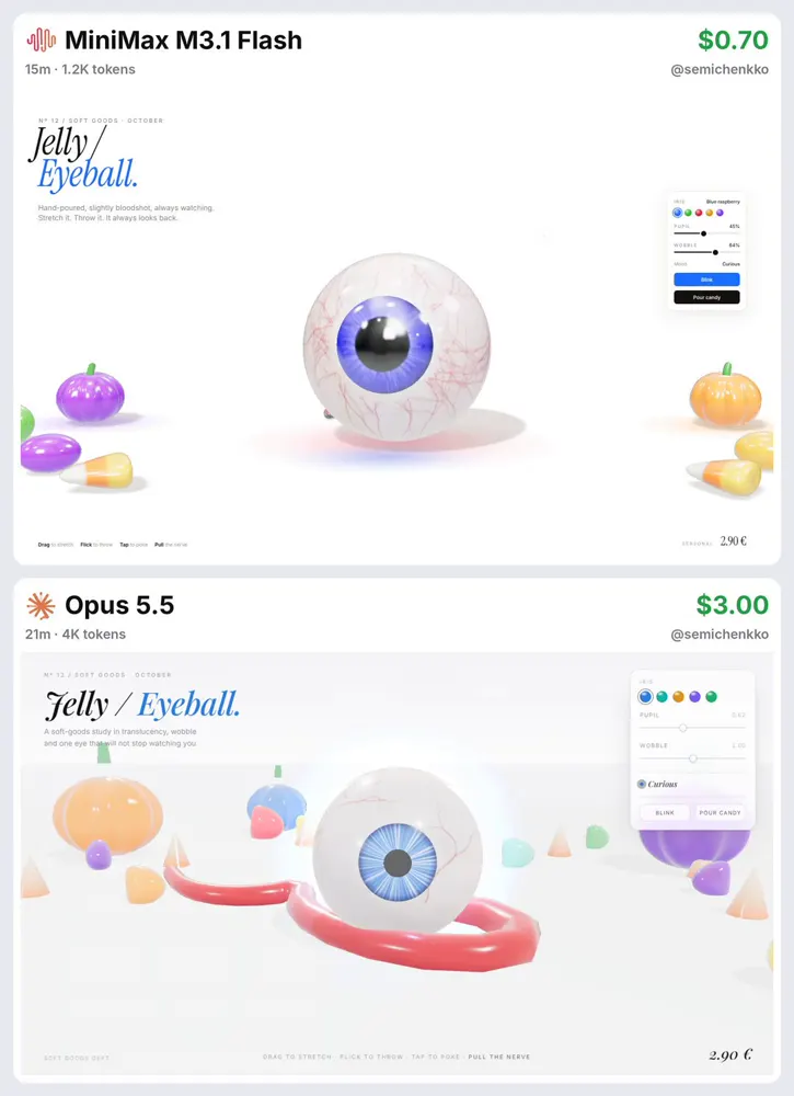 Jelly eyeball, MiniMax M3.1 Flash vs Claude Opus 5.5: MiniMax M3.1 Flash vs Claude Opus 5.5