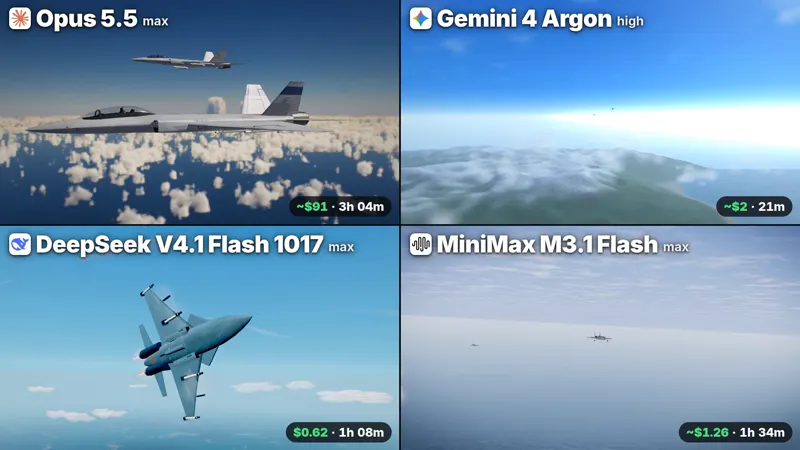 Cinematic jet dogfight, four models one shot: Claude Opus 5.5 vs Gemini 4 Argon vs DeepSeek V4.1 Flash 1017 vs MiniMax M3.1 Flash