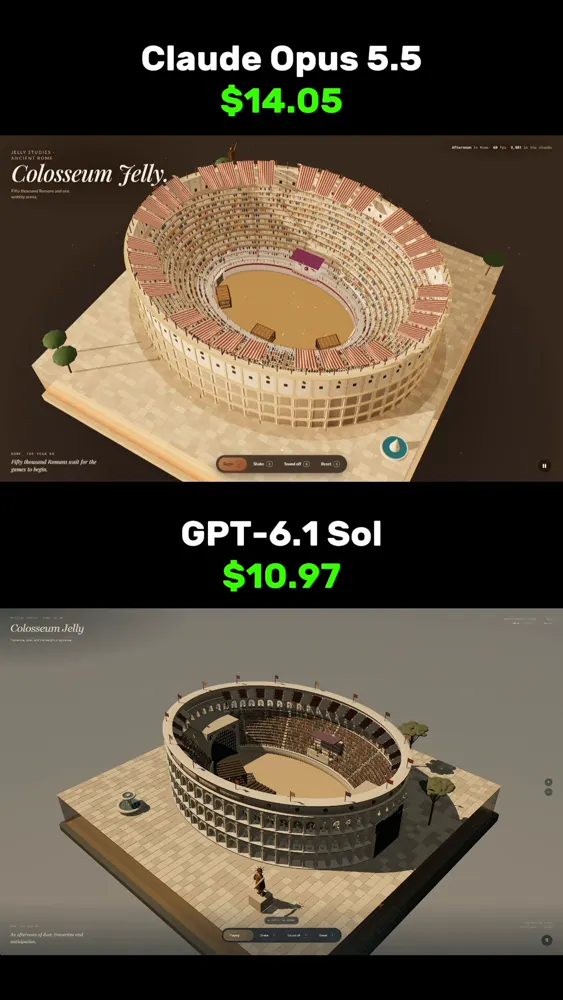 Roman Colosseum with packed stands: Claude Opus 5.5 vs GPT-6.1 Sol