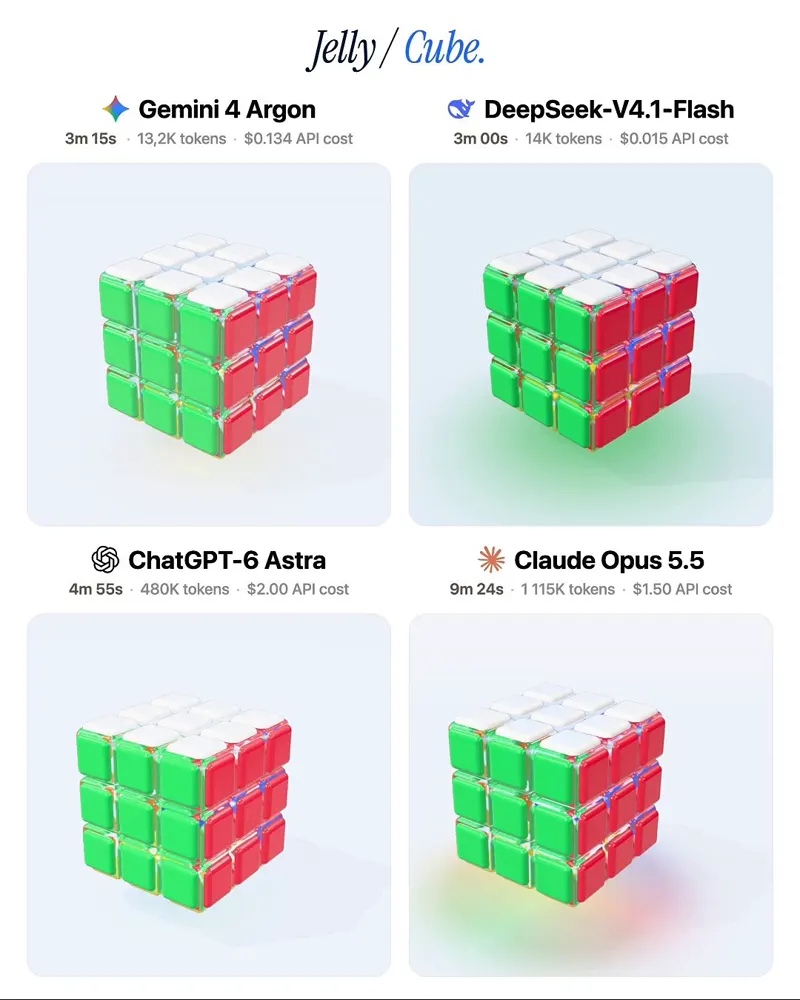 Jelly Rubik’s cube you can twist, four models: Claude Opus 5.5 vs GPT-6 Astra vs Gemini 4 Argon vs DeepSeek V4.1 Flash 1017