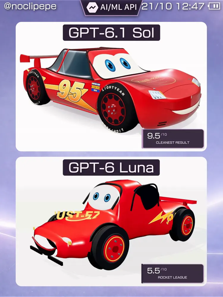 Lightning McQueen as a 3D model with animated eyes: GPT-6.1 Sol vs GPT-6 Luna
