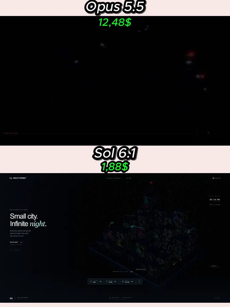 Futuristic cyberpunk city in Three.js: Claude Opus 5.5 vs GPT-6.1 Sol