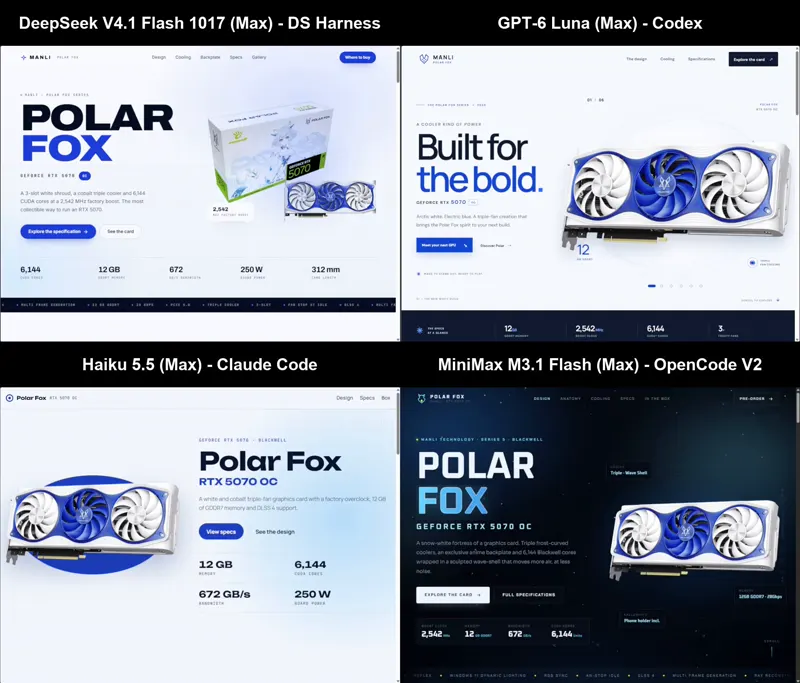 GPU showcase website from given image assets, four models: DeepSeek V4.1 Flash 1017 vs GPT-6 Luna vs Claude Haiku 5.5 vs MiniMax M3.1 Flash