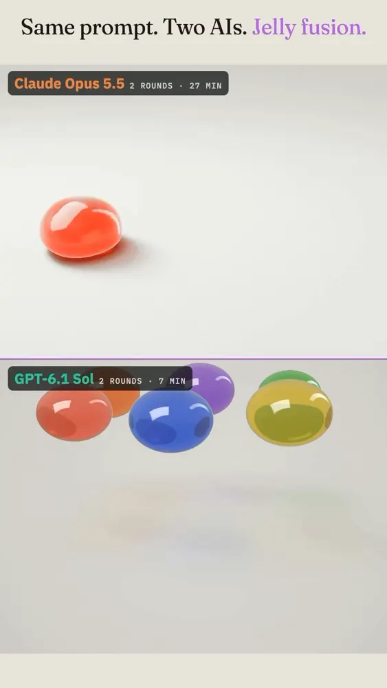 Six jelly balls fall and fuse into one blob: Claude Opus 5.5 vs GPT-6.1 Sol