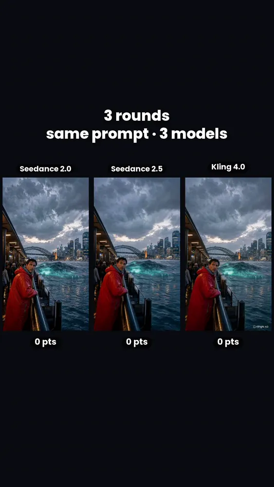 Giant wave, bridge and sea monster in three rounds: Seedance 2.0 vs Seedance 2.5 vs Kling 4.0