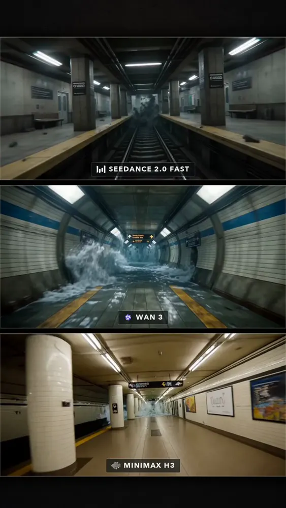 Flooded subway FPV, the last train is a wall of water: Seedance 2.0 Fast vs Wan 3.0 vs MiniMax H3