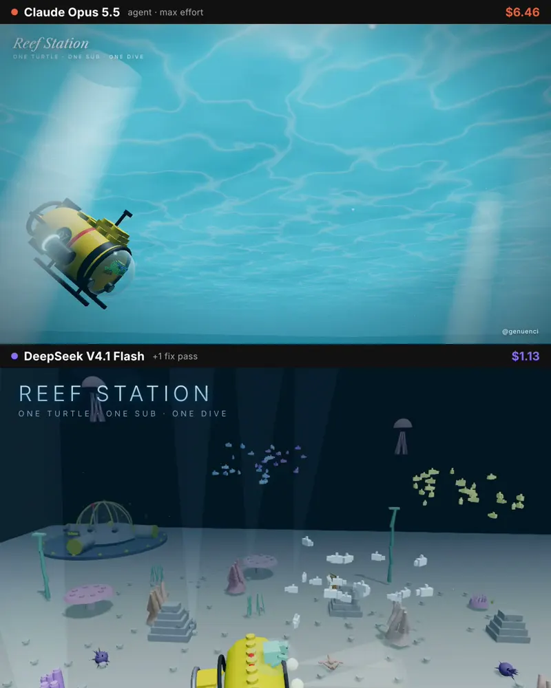 LEGO turtle docks a mini-sub at a reef station: Claude Opus 5.5 vs DeepSeek V4.1 Flash 1017