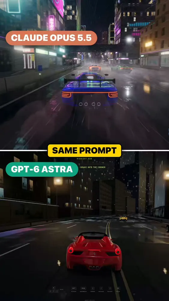 Need for Speed style night street racer: Claude Opus 5.5 vs GPT-6 Astra