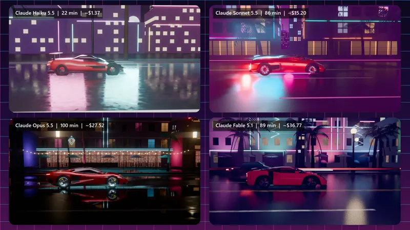 Red supercar cruising Miami at night in Blender: Claude Haiku 5.5 vs Claude Sonnet 5.5 vs Claude Opus 5.5 vs Claude Fable 5.1