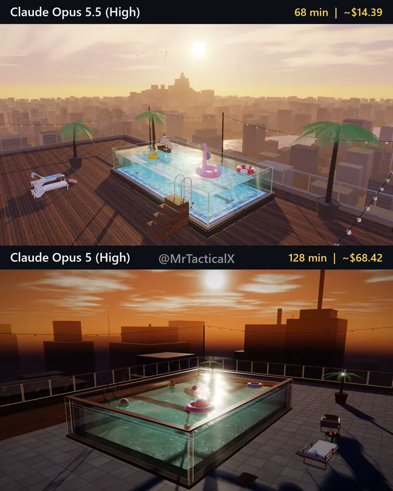 Interactive 3D rooftop glass pool, two Opus generations: Claude Opus 5.5 vs Claude Opus 5