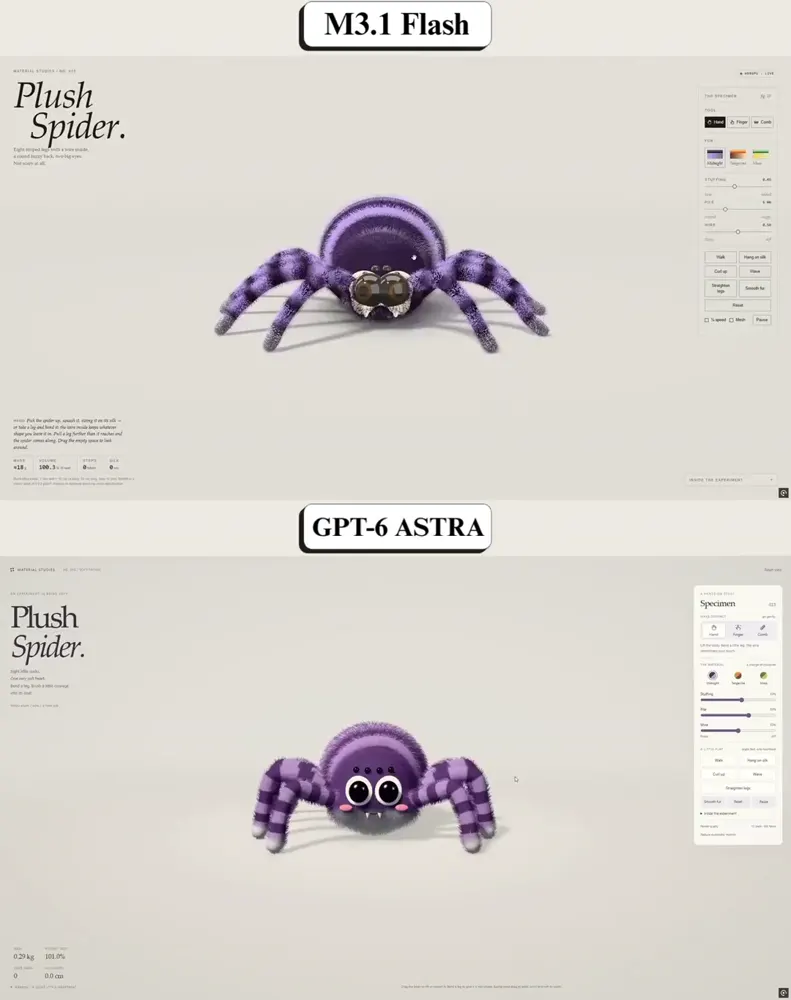 3D plush spider, GPT-6 Astra vs MiniMax M3.1 Flash: MiniMax M3.1 Flash vs GPT-6 Astra