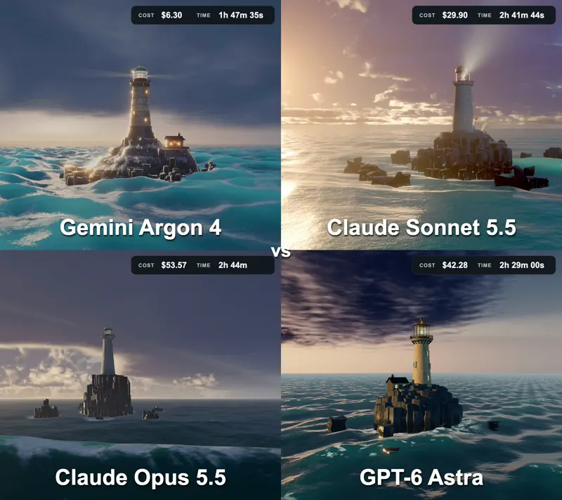 The Lighthouse benchmark, four frontier models: Gemini 4 Argon vs Claude Sonnet 5.5 vs Claude Opus 5.5 vs GPT-6 Astra