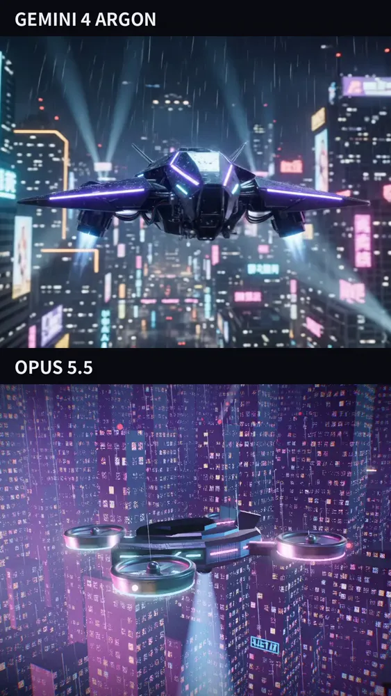 Cyberpunk drone circling a neon city in the rain: Gemini 4 Argon vs Claude Opus 5.5