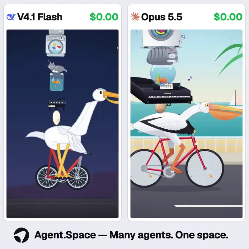 Absurd pelican on a bicycle with 20 things stacked: DeepSeek V4.1 Flash 1017 vs Claude Opus 5.5