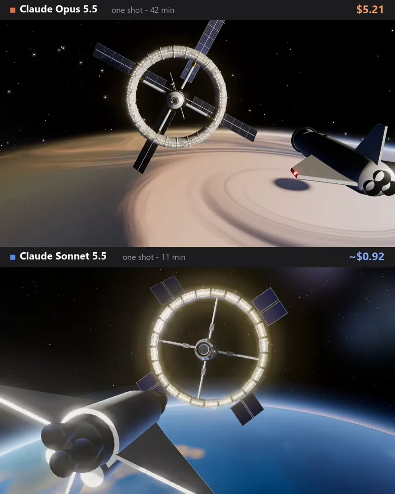 Shuttle docking with a ring space station over Earth: Claude Opus 5.5 vs Claude Sonnet 5.5