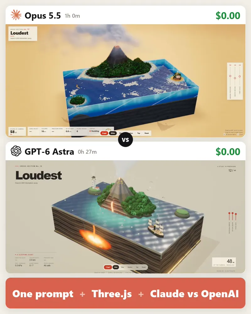 Volcanic island blowing up, the loudest sound in history: Claude Opus 5.5 vs GPT-6 Astra
