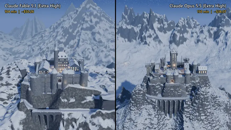 WWII mountain fortress in a blizzard, built in Blender: Claude Fable 5.1 vs Claude Opus 5.5