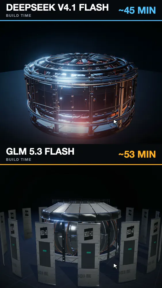 Procedural fusion reactor with cutaway views: DeepSeek V4.1 Flash 1017 vs GLM 5.3 Flash