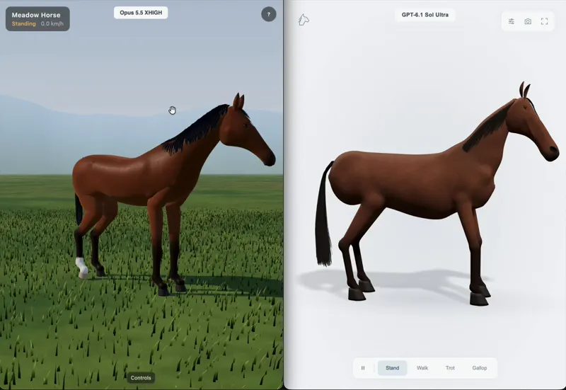 3D horse from one prompt, Opus vs GPT-6.1 Sol: Claude Opus 5.5 vs GPT-6.1 Sol